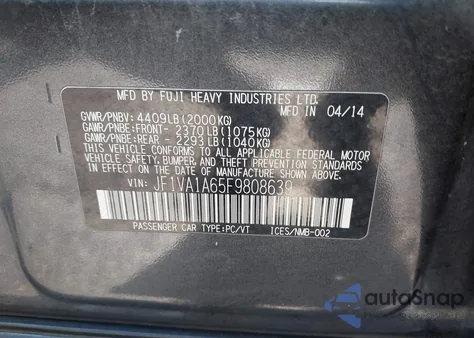 2015 Subaru Wrx из США, поврежденный, VIN JF1VA1A65F9808639